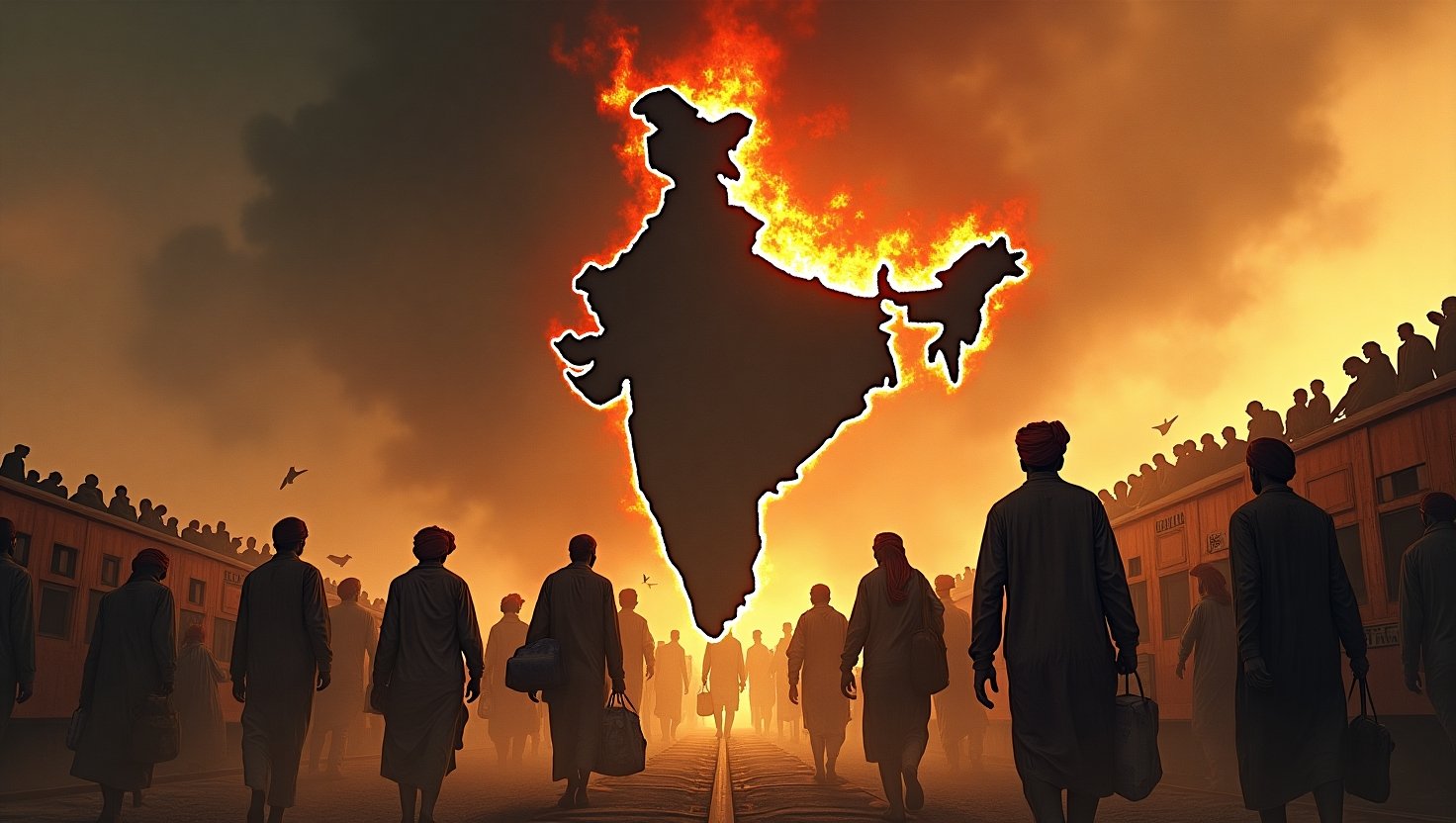 powerful digital artwork depicting the tragic Partition of India. The image features a burning map of British India in the sky, symbolizing destruction and division. Below, a group of refugees, dressed in traditional attire, walk along a railway track carrying their belongings, while overcrowded trains filled with displaced people reflect the massive migration of 1947. The scene is enveloped in an orange glow, highlighting the chaos, pain, and uncertainty of the moment.