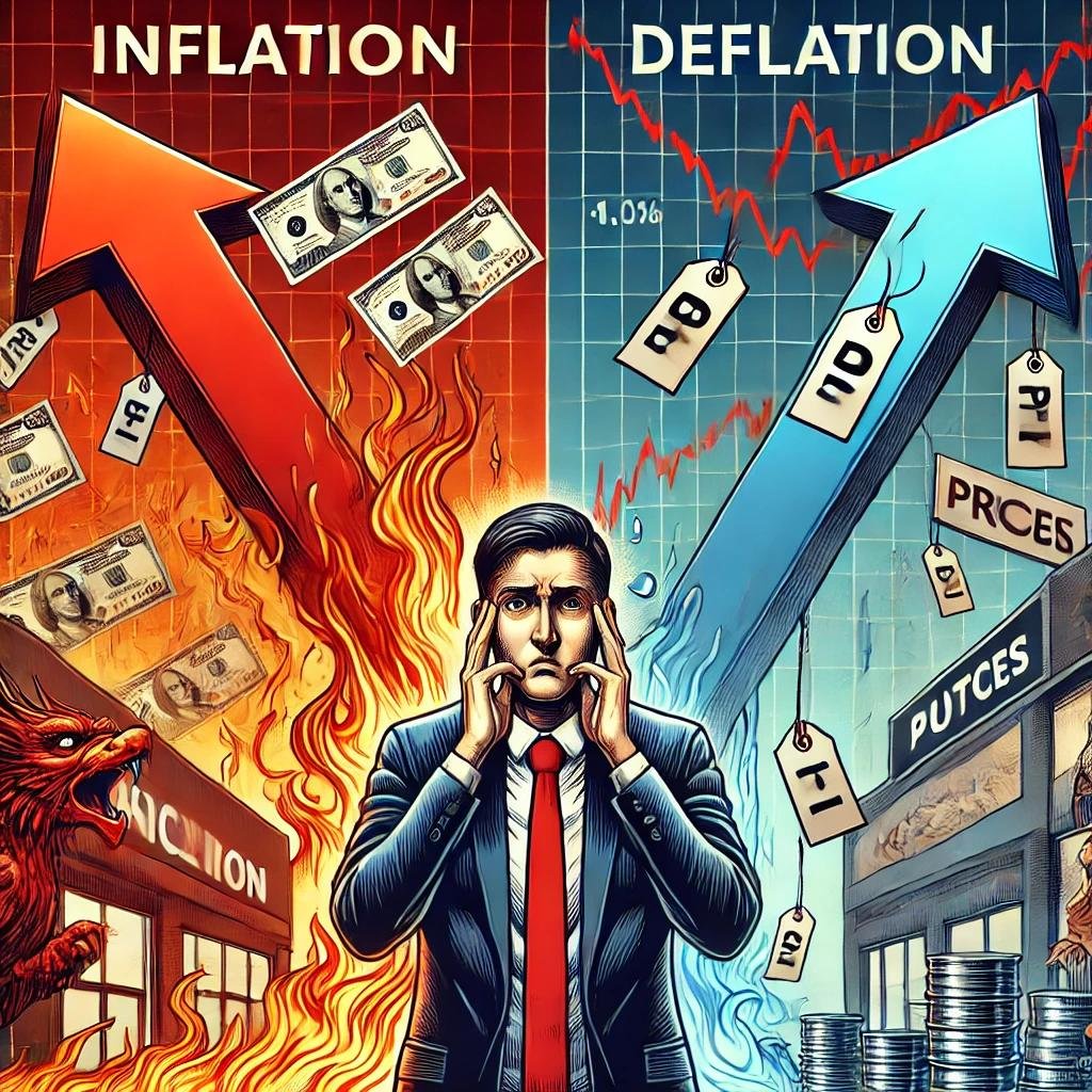 Inflation vs. Deflation illustration – a businessman stressed between rising prices with burning cash (inflation) and falling prices with icy tags (deflation), symbolizing economic instability