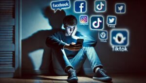 A young person sitting alone in a dimly lit room, staring at their phone with a stressed and anxious expression. The bluish glow from the screen illuminates their face, while floating social media icons (Facebook, Instagram, Twitter, TikTok) surround them in a chaotic manner. Shadowy, ghost-like figures in the background represent anxiety, loneliness, and depression, symbolizing the negative mental health effects of excessive social media use. The image conveys the emotional impact of digital addiction and the psychological toll of constant online engagement.