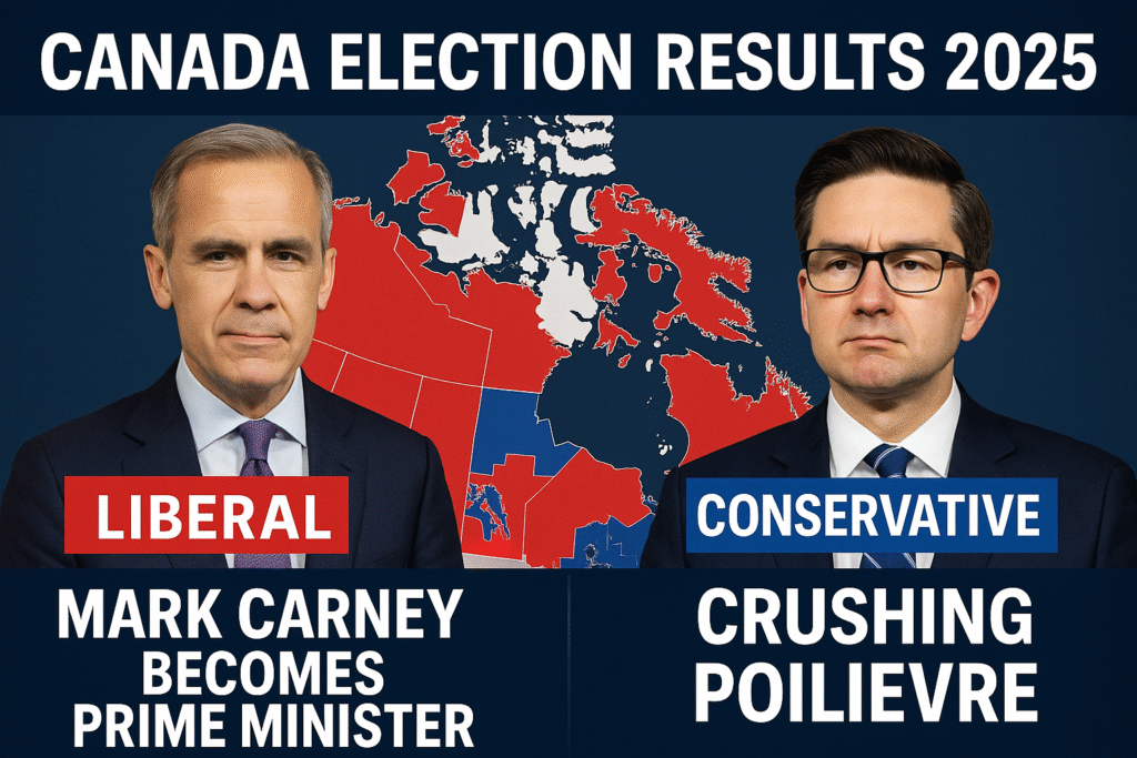 Canada Election Results 2025 showing Mark Carney, Pierre Poilievre, and Justin Trudeau with electoral map background.
