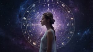 Illustration of zodiac signs personality traits in cosmic galaxy, showing 12 constellations with glowing astrological symbols.