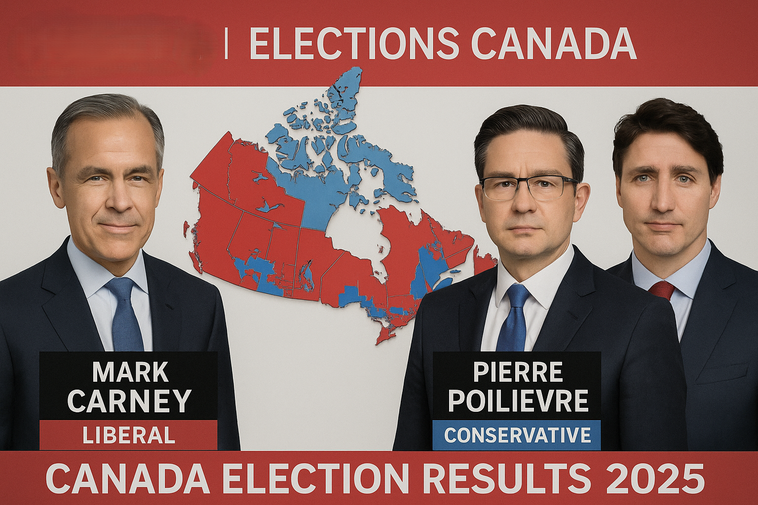 Canada Election Results 2025 showing Mark Carney, Pierre Poilievre, and Justin Trudeau with electoral map background.