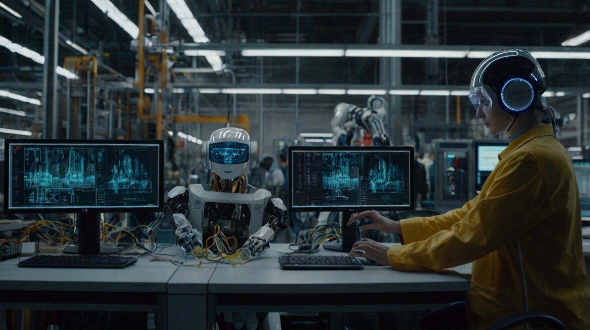 A digital artwork depicting the impact of AI on employment. The image shows a conceptual comparison between human workers and AI-powered robots in modern industries, symbolizing the shift in the global workforce due to automation and artificial intelligence. Illustration showing the impact of AI on employment with robots and humans working together in a futuristic