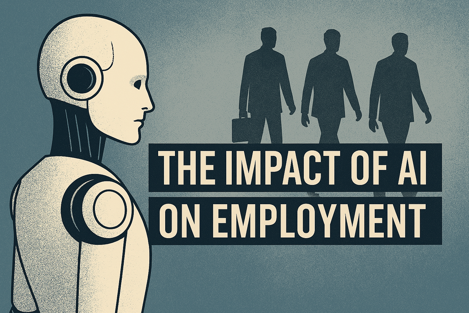 Impact of AI on Employment – Human vs AI Workforce Illustration showing the impact of AI on employment with robots and humans working together in a futuristic