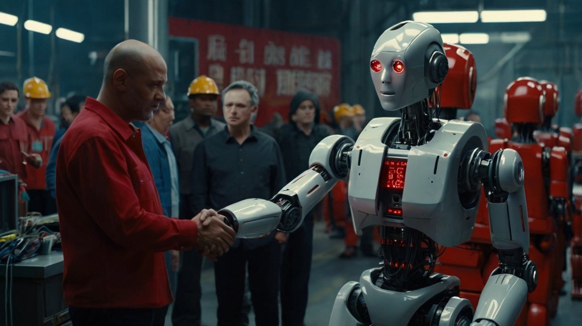 A human factory worker shakes hands with a humanoid robot, symbolizing AI affecting jobs in India and the rise of automation in the workforce.