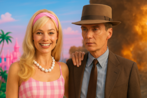 Margot Robbie as Barbie and Cillian Murphy as Oppenheimer standing side by side with arms on each other's shoulders, symbolizing cinematic unity and Oscar rivalry.