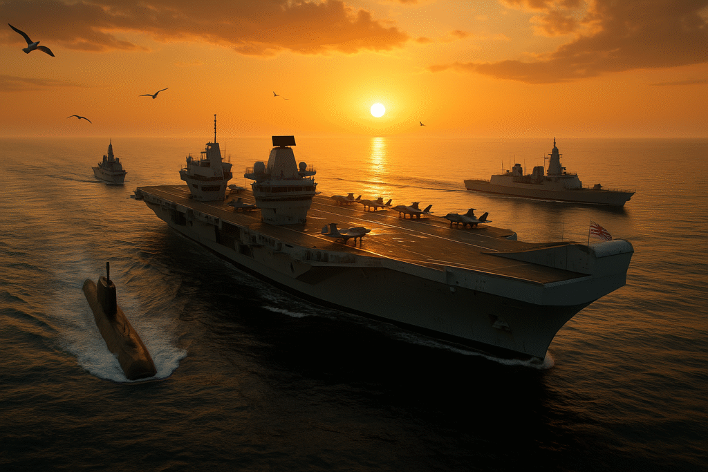 British Carrier Strike Group 2025 showcasing HMS Queen Elizabeth and accompanying warships sailing through the Mediterranean at sunset