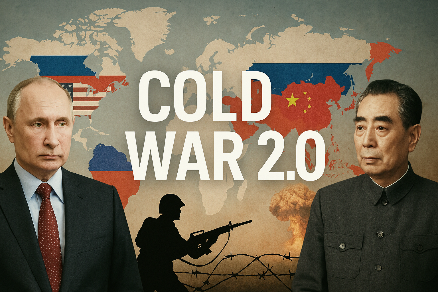 Illustration of rising global tensions and political rivalry among world powers including the USA, Russia, China, and allies in the era of Cold War 2.0.


