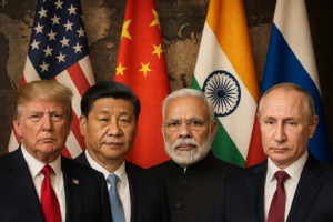 Illustration of rising global tensions and political rivalry among world powers including the USA, Russia, China, and allies in the era of Cold War 2.0