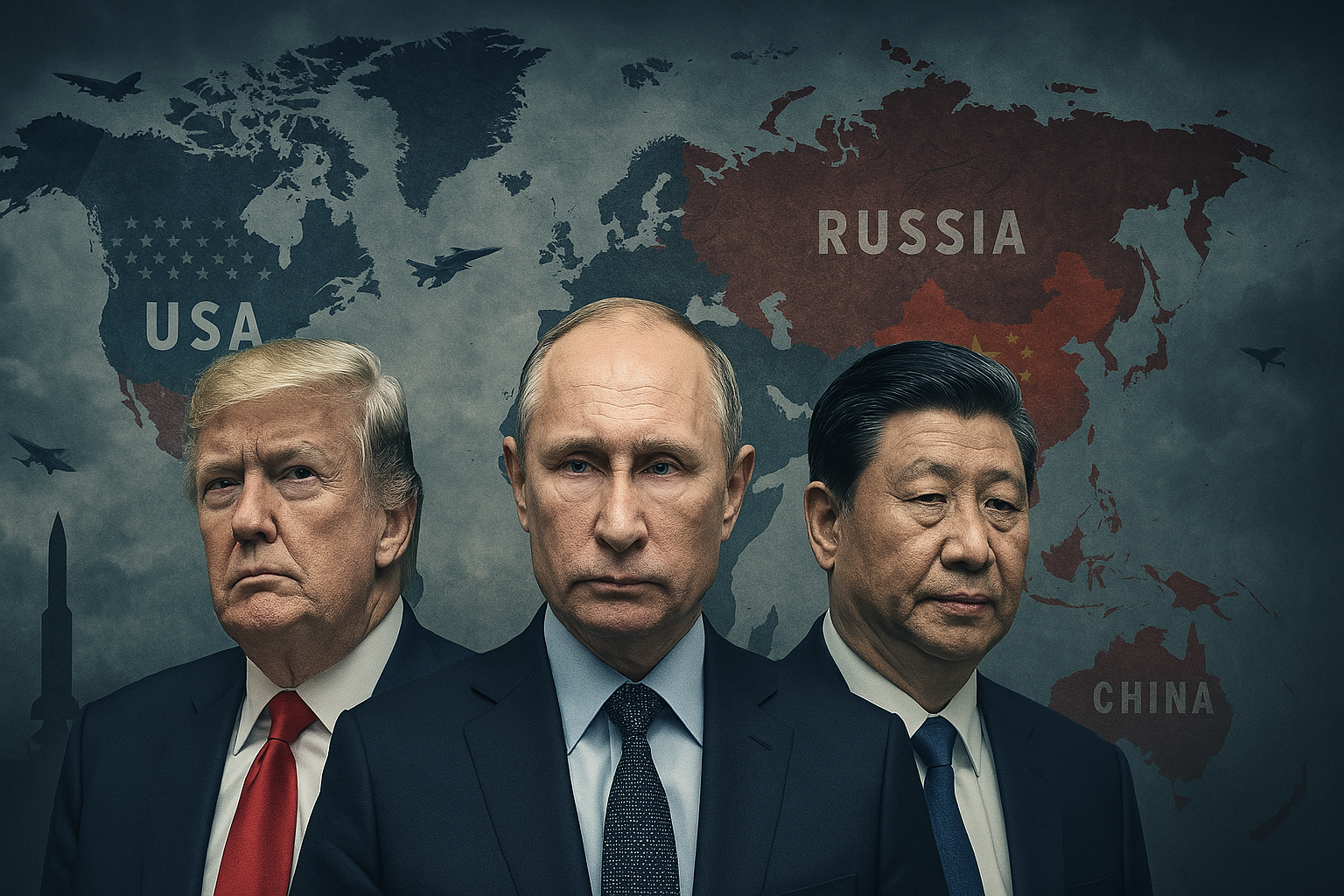 Trump, Putin, and Xi Jinping representing rising global tensions in Cold War 2.0 geopolitical rivalry.