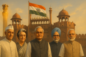 Indian Politics Evolution: Indian Prime Ministers Nehru, Indira, Vajpayee, Manmohan Singh, and Modi together at Red Fort with Indian flag and Ashoka symbols