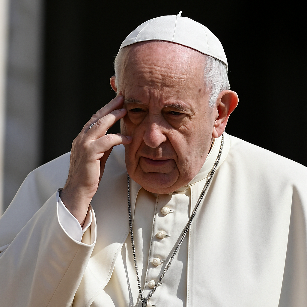 Pope Francis Reflection – Final Days of the 266th Pontiff Photograph of Pope Francis, the 266th pontiff, captured in a moment of reflection following reports of his death in 2025.