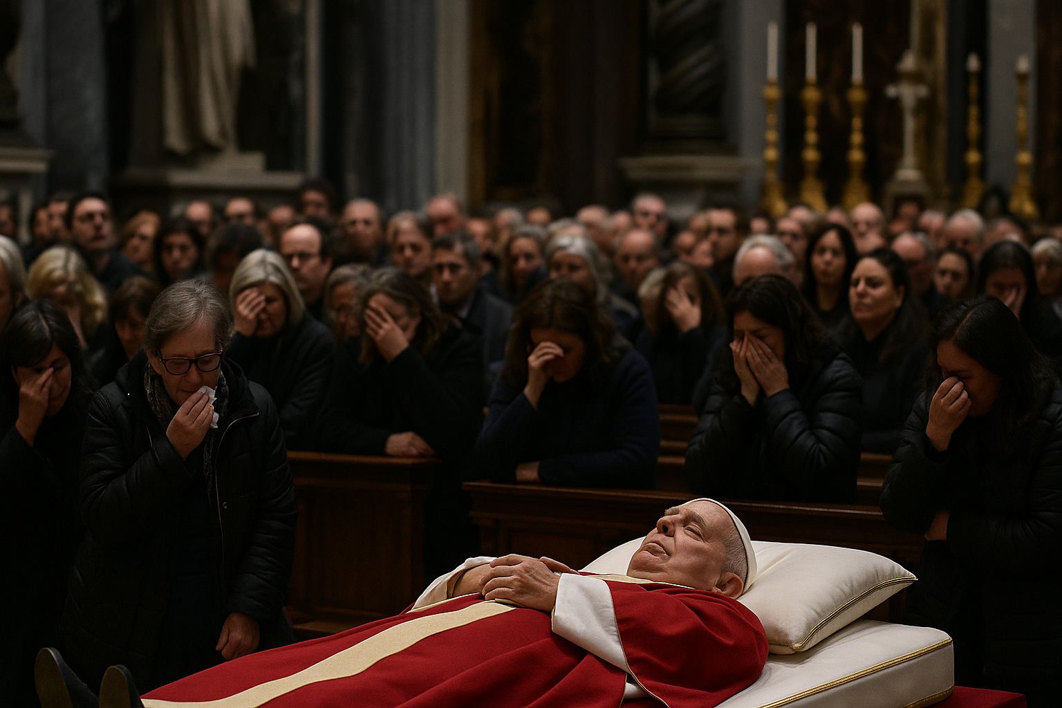 Final Moments of Pope Francis in Vatican Surrounded by Mourning Followers Pope Francis lying in repose inside a Vatican church, surrounded by mourners crying and paying final respects in a solemn farewell.