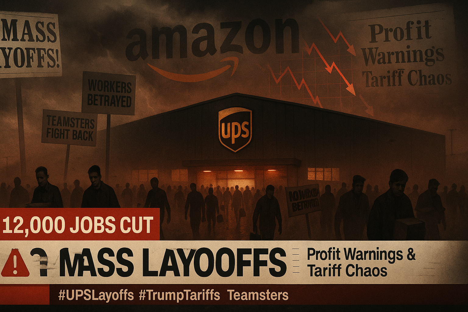 UPS Layoffs — Thousands of workers leave a UPS warehouse under a stormy sky as protest signs and breaking news banners highlight 12,000 job cuts, economic uncertainty, and union outrage.