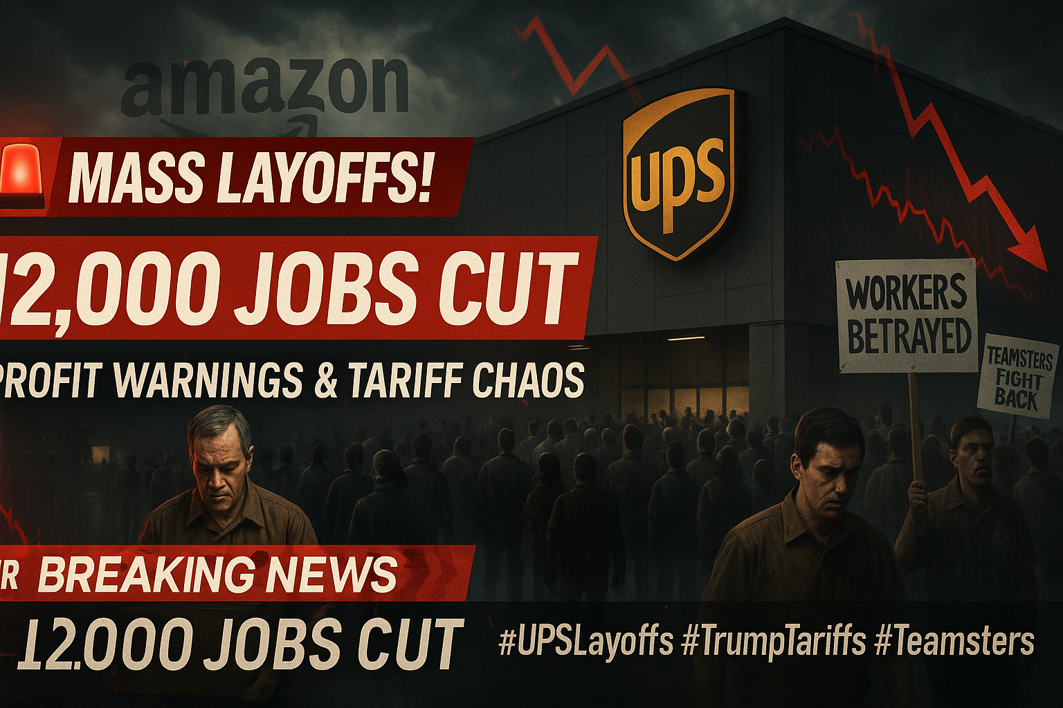 UPS Layoffs — Thousands of workers leave a UPS warehouse under a stormy sky as protest signs and breaking news banners highlight 12,000 job cuts, economic uncertainty, and union outrage.