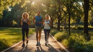 walking 30 minutes a day : a group walking in a sunny park for 30 minutes daily, showcasing health benefits like heart health and mental clarity.