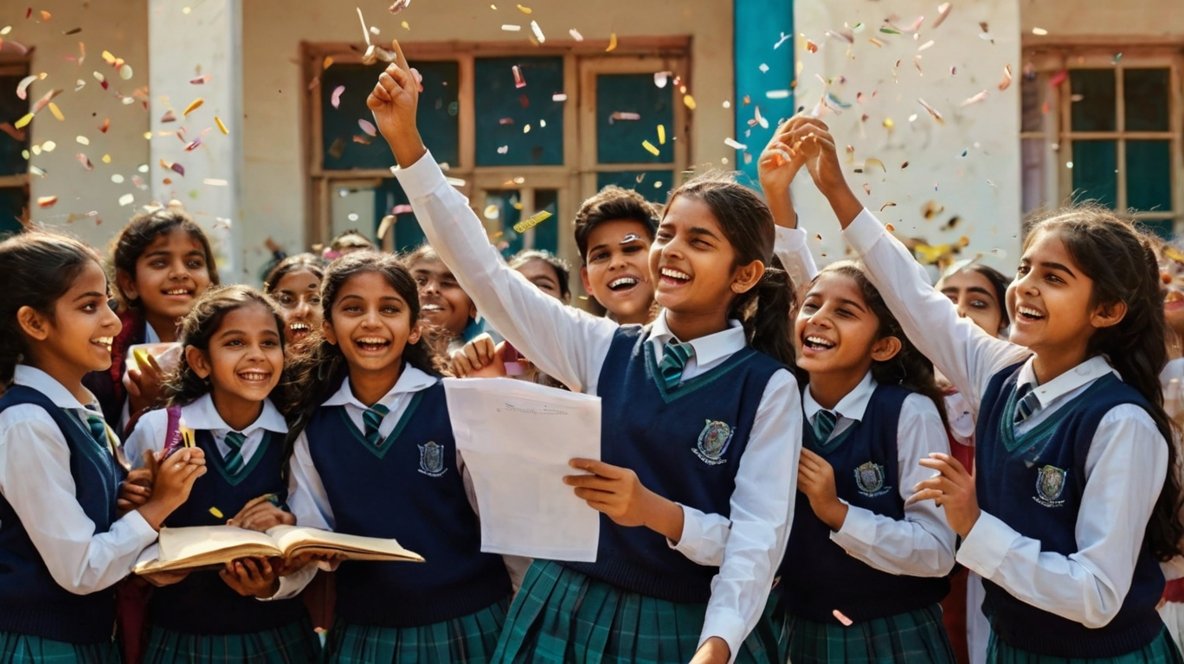 ICSE & ISE 10th Result 2025: Celebrating students checking result outside their school, holding mark sheets with joy