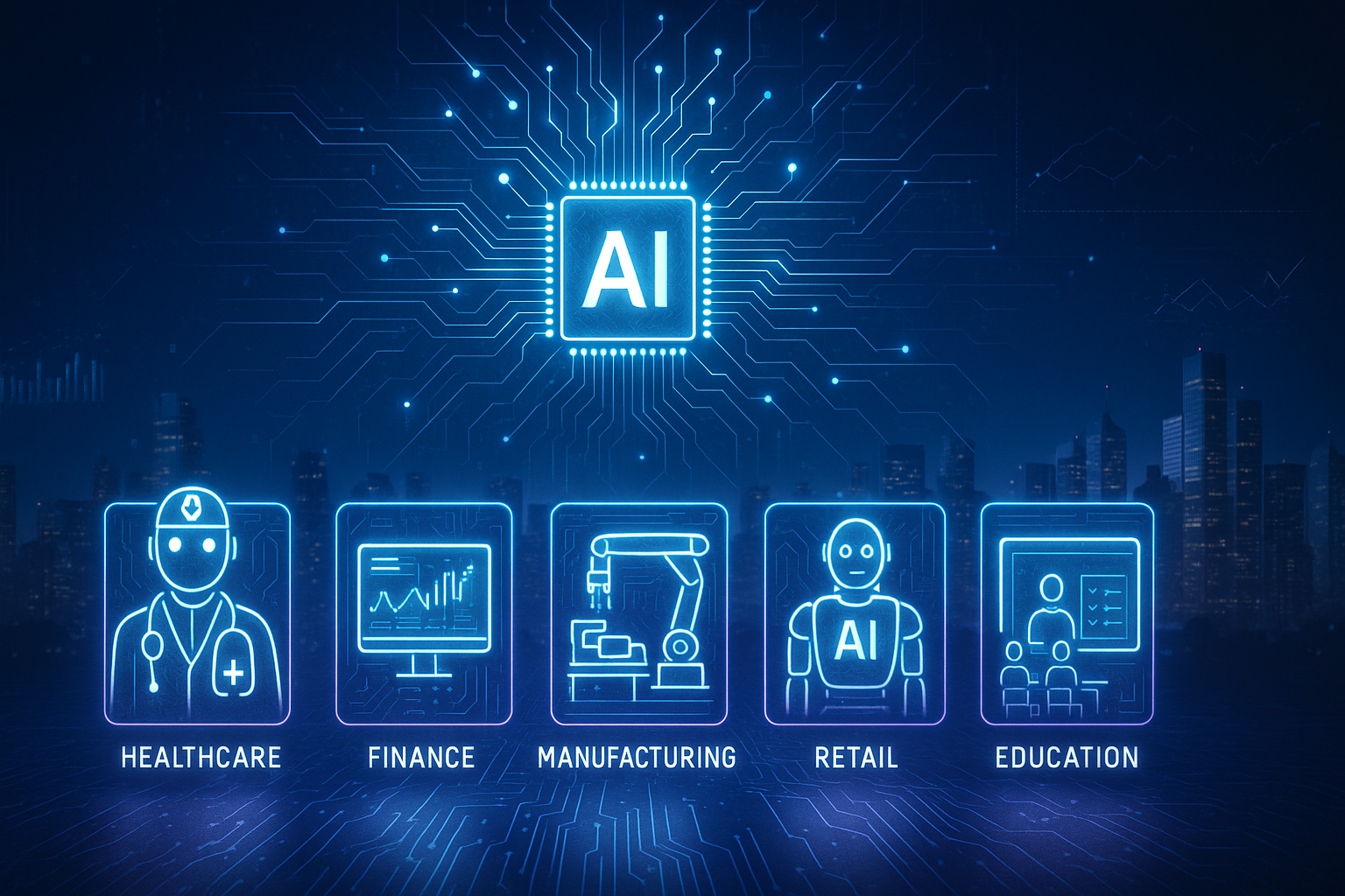 AI Transforming Industries: Revolutionizing the Future in 2025 AI transforming industries in 2025 with futuristic technology in healthcare, finance, and manufacturing