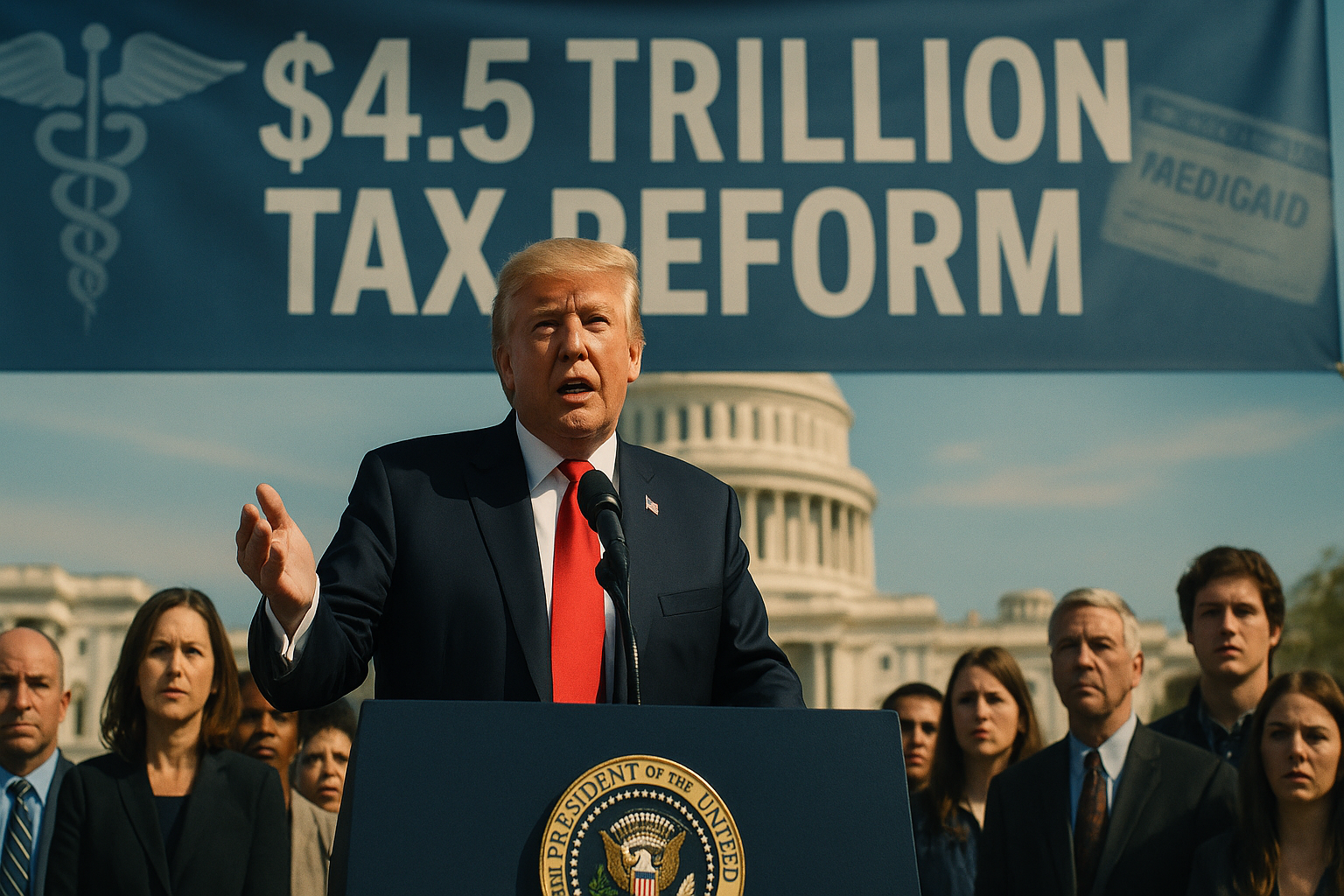 Donald Trump speaking on $4.5 trillion tax reform with Medicaid cuts banner at Capitol Hill.