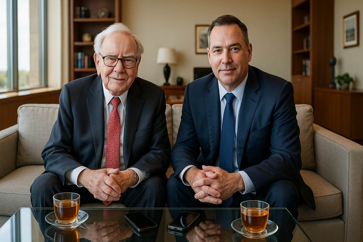 Warren Buffett and Greg Abel seated together on a sofa in their office, discussing Berkshire Hathaway's leadership change, with tea and phones on the glass table