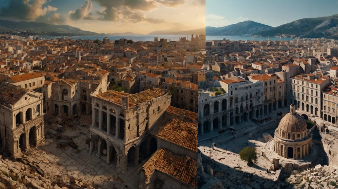 Lasting Effects of Most Important Battles in History - Then vs Now Comparison Most important battles in history legacy shown through evolving weapons from ancient swords to modern diplomacy symbols