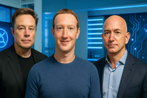 Mark Zuckerberg net worth milestone visualized with smiling Zuckerberg at center, flanked by Elon Musk and Jeff Bezos in a bright tech-themed image