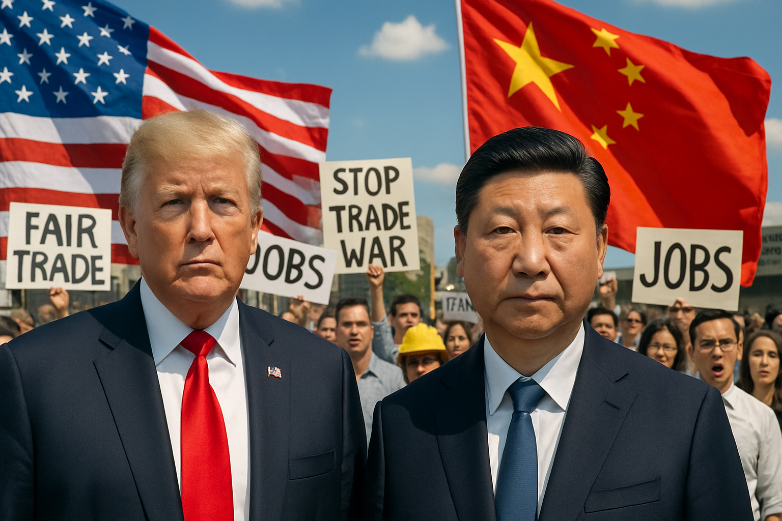 Trump Tariffs spark economic unrest in China as Trump and Xi Jinping face off with national flags and protesting citizens in the background