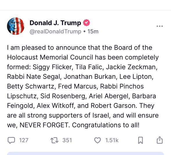 Trump's official announcement of Board of the Holocaust Memorial Council 