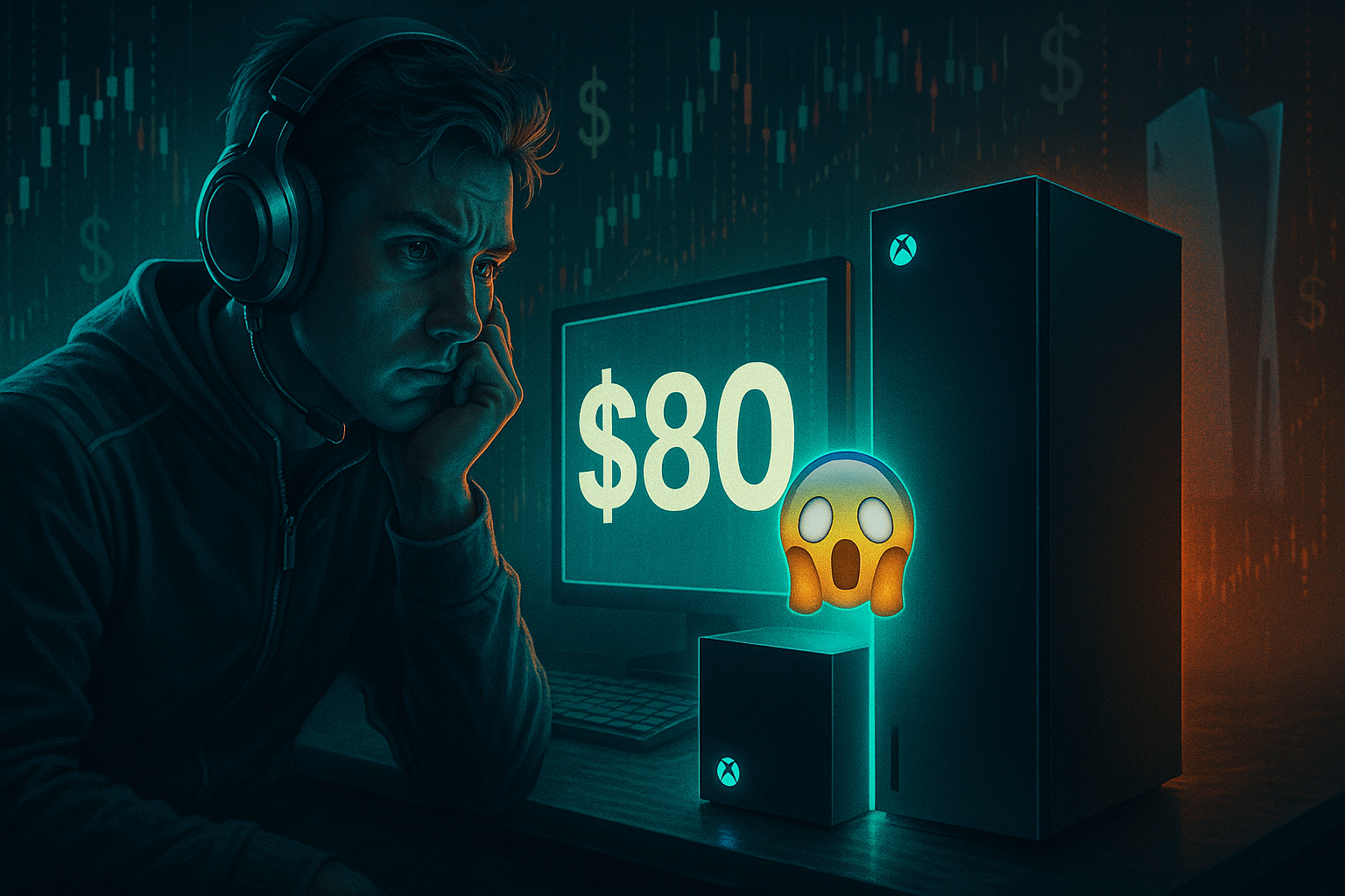 xbox series x price hike illustration showing shocked gamer and $80 game price tag
